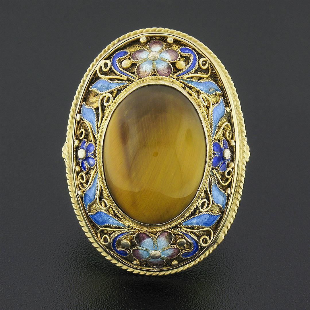 Vintage 14k Gold Bezel Tiger's Eye LARGE Oval Floral Enamel Filigree Frame Ring