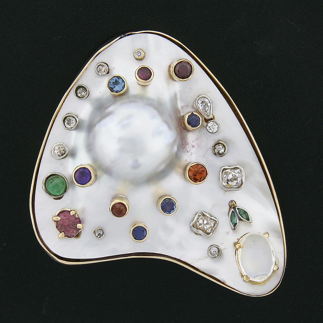 14k Gold Diamond & Gemstone Baroque Pearl Artist Painters Pallet Brooch Pendant
