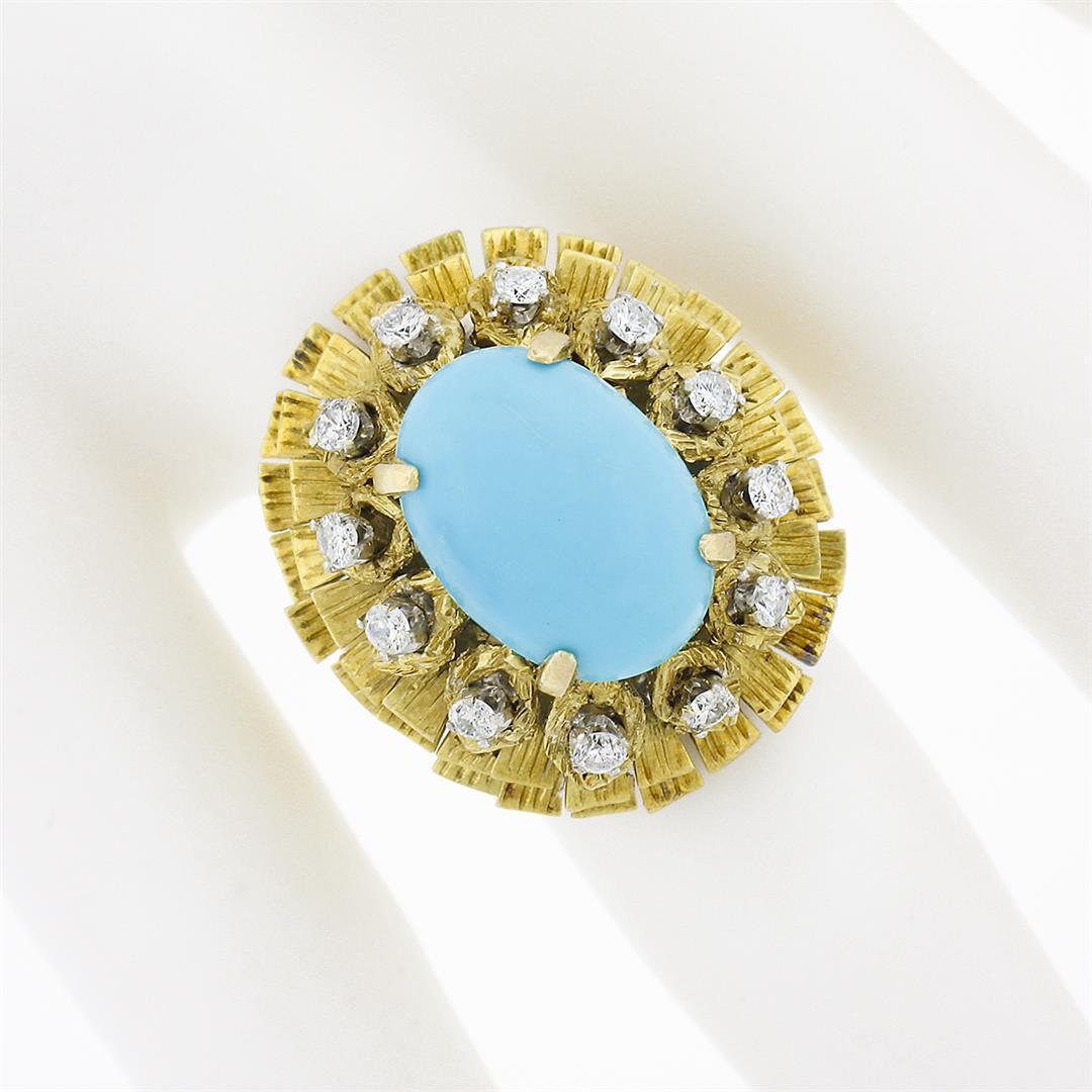 Vintage 14k Gold Cabochon Turquoise.36 ctw Diamond Textured Layered Cocktail Rin