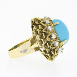 Vintage 14k Gold Cabochon Turquoise.36 ctw Diamond Textured Layered Cocktail Rin