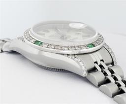 Rolex Ladies Quickset Stainless Steel Silver Index 18K White Gold Diamond & Emer