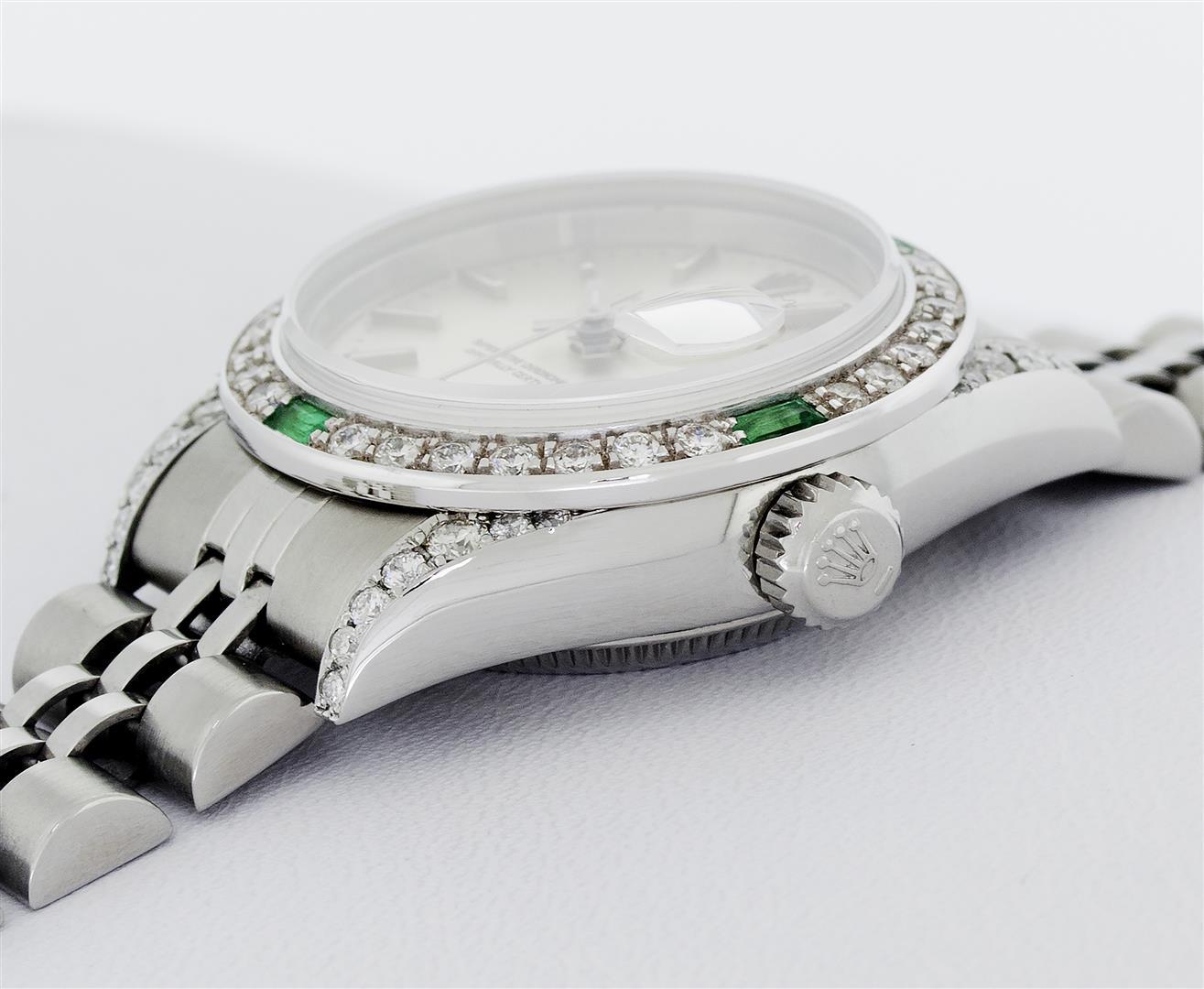Rolex Ladies Quickset Stainless Steel Silver Index 18K White Gold Diamond & Emer