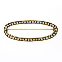 Antique Victorian 14K Yellow Gold Fine Curved Long Oval Seed Pearl Brooch Pin