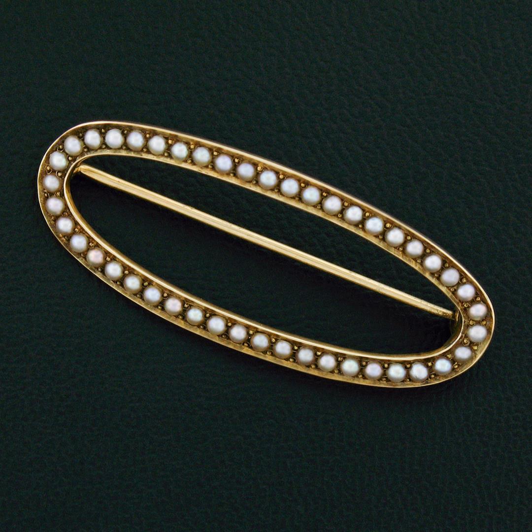 Antique Victorian 14K Yellow Gold Fine Curved Long Oval Seed Pearl Brooch Pin