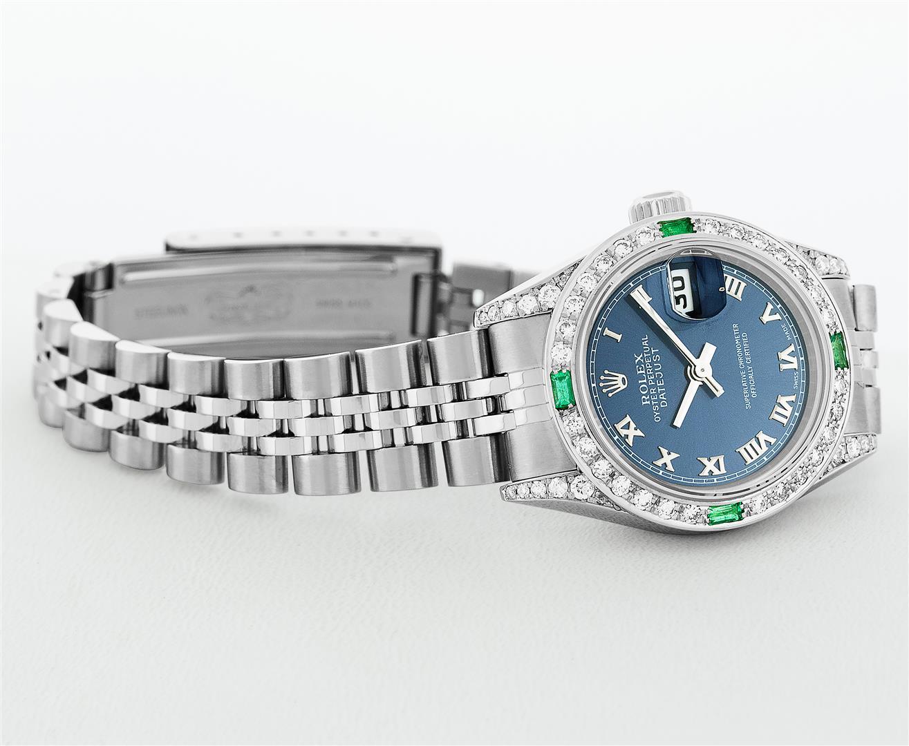 Rolex Ladies Quickset Stainless Steel Blue Roman 18K White Gold Diamond & Emeral