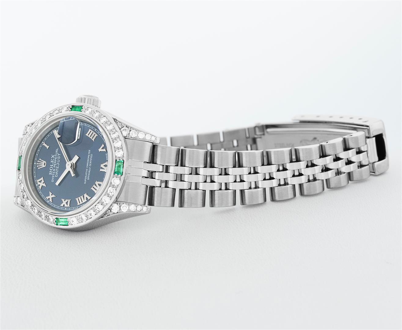 Rolex Ladies Quickset Stainless Steel Blue Roman 18K White Gold Diamond & Emeral