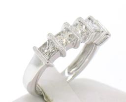 18k White Gold 1.25 ctw Large Bar Set Princess Diamond Milgrain Work Band Ring