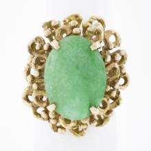 Vintage 14k Gold Oval Cabochon Jade Solitaire Free Form Dual Halo Cocktail Ring