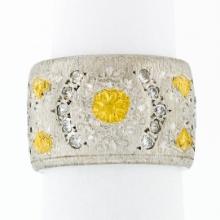 Vintage 18k TT Gold .30 ctw Pave Diamond Hand Etched Brushed Wide Band Ring Sz 4