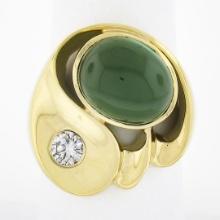 Large Modernist 18k Gold Oval Bezel Tourmaline & Diamond Polished Geometric Ring