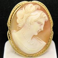 Vintage 14k Yellow Gold Twisted Wire Frame Carved Shell Cameo Brooch Pin Pendant