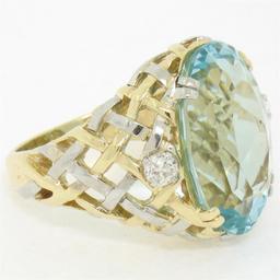 14k Gold & Platinum 19.49 ctw Large GIA Aquamarine & Diamond Basket Weave Ring