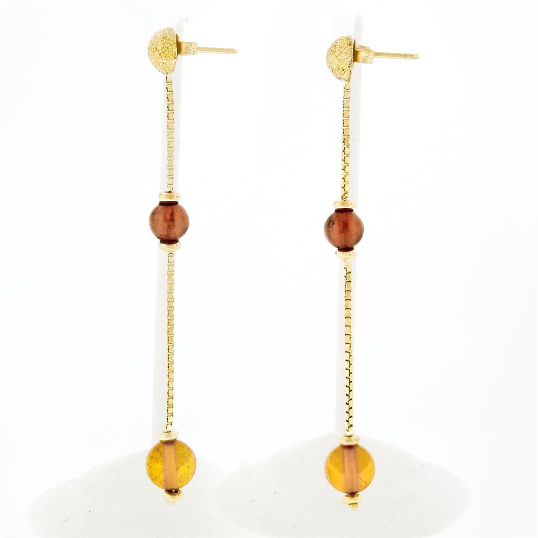 Estate 18K Yellow Gold Bead Citrine Textured Long Box Chain Drop Dangle Earrings