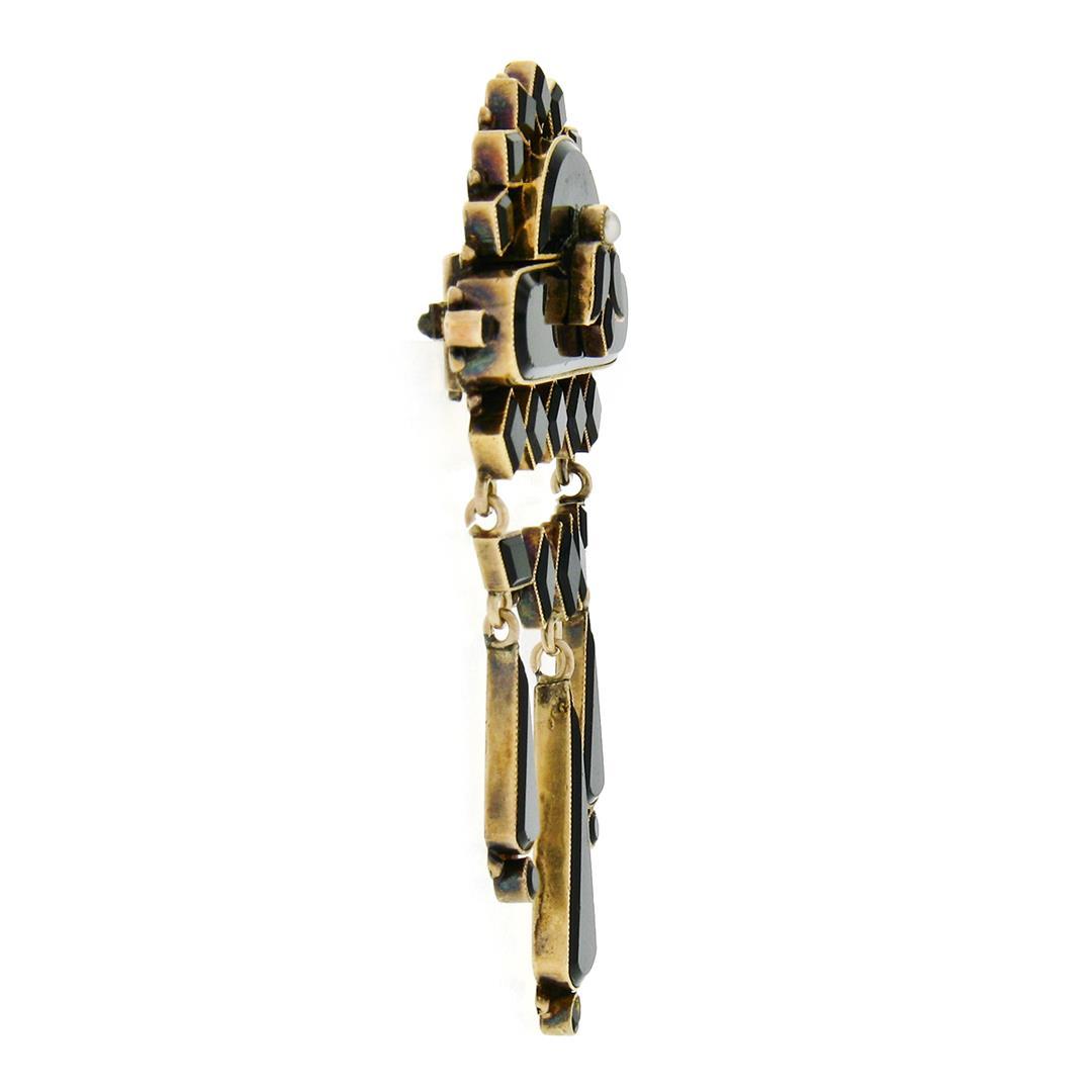Antique Victorian 14K Rose Gold Black Onyx Mourning Dangle Chandelier Brooch Pin