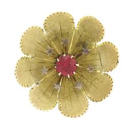 Antique Victorian 14k Gold GIA Lab Grown Old Round Ruby Flower Star Pin Brooch