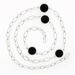 Luca Carati 18k White Gold 4 Station Bezel Black Onyx Long Open Chain Necklace