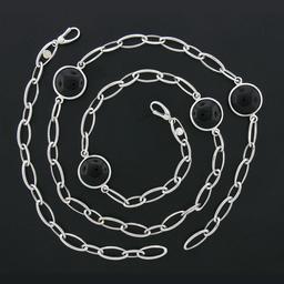 Luca Carati 18k White Gold 4 Station Bezel Black Onyx Long Open Chain Necklace
