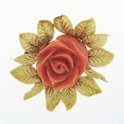 Vintage GIA NO DYE Carved Rose Coral Pin Brooch w/ 18k Gold Textured Leaf Frame