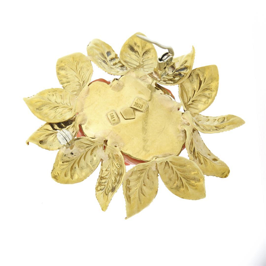 Vintage GIA NO DYE Carved Rose Coral Pin Brooch w/ 18k Gold Textured Leaf Frame