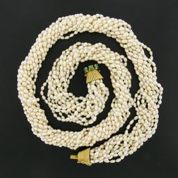 Vintage 11 Strand 31" Freshwater Pearl Necklace w/ 14k Gold Jade Handmade Clasp