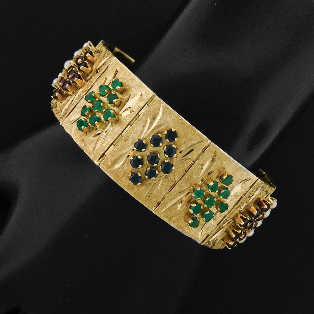 Vintage 18K Gold 7" Opal Garnet Sapphire Emerald Multi Color Wide Heavy Bracelet