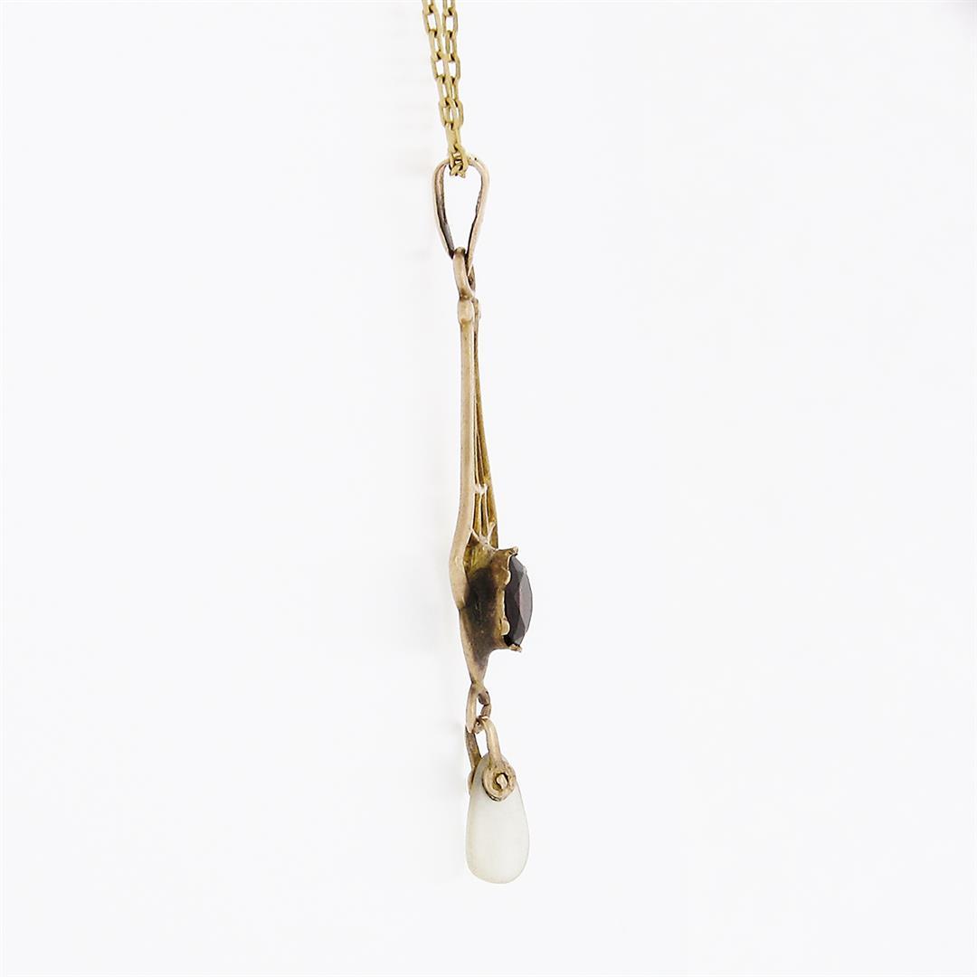Antique Victorian 10k Gold Garnet Pearl Dangle Lavalier Pendant On New 14k Chain