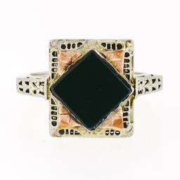 Antique Art Deco 14K White & Rose Gold Black Onyx Etched Milgrain Filigree Ring