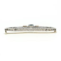 Antique Art Deco 14k White Gold Aquamarine & Diamond Open Filigree Wide Bar Pin