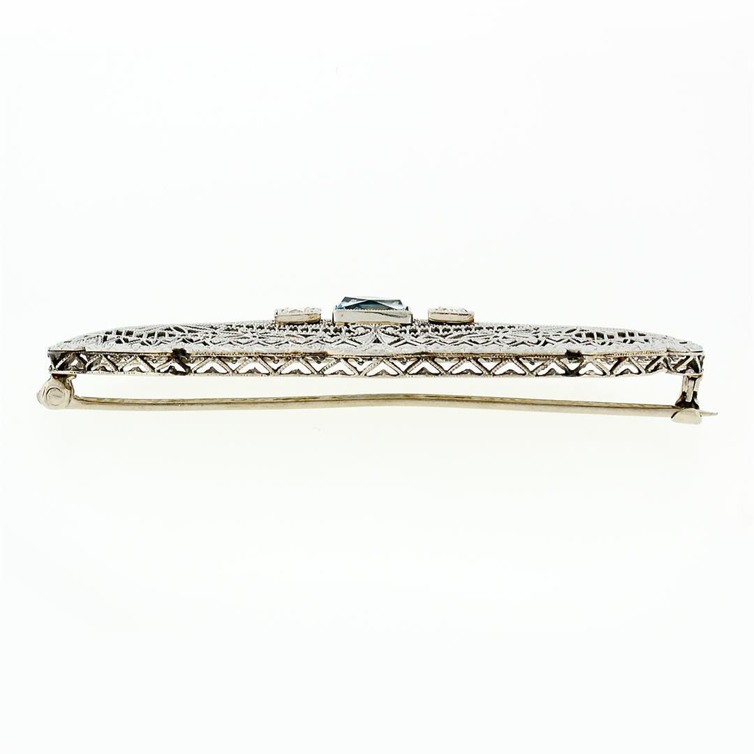 Antique Art Deco 14k White Gold Aquamarine & Diamond Open Filigree Wide Bar Pin