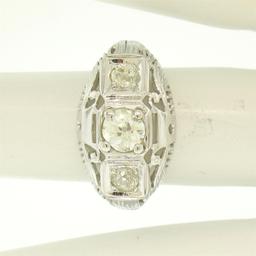 Antique Art Deco 18k White Gold Filigree 0.72 ctw 3 Old European Cut Diamond Rin