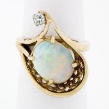 Vintage 14k Gold 2.07 ctw Oval Opal Solitaire & Round Diamond Accent Basket Ring