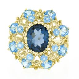 10k Yellow Gold Large Oval Round Blue Stone Open Work Domed Tiered Cluster Ring
