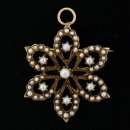 Antique Victorian 14K Yellow Gold Seed Pearl Cluster Open Flower Brooch Pendant
