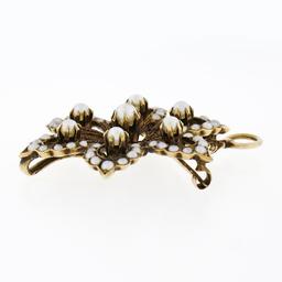 Antique Victorian 14K Yellow Gold Seed Pearl Cluster Open Flower Brooch Pendant