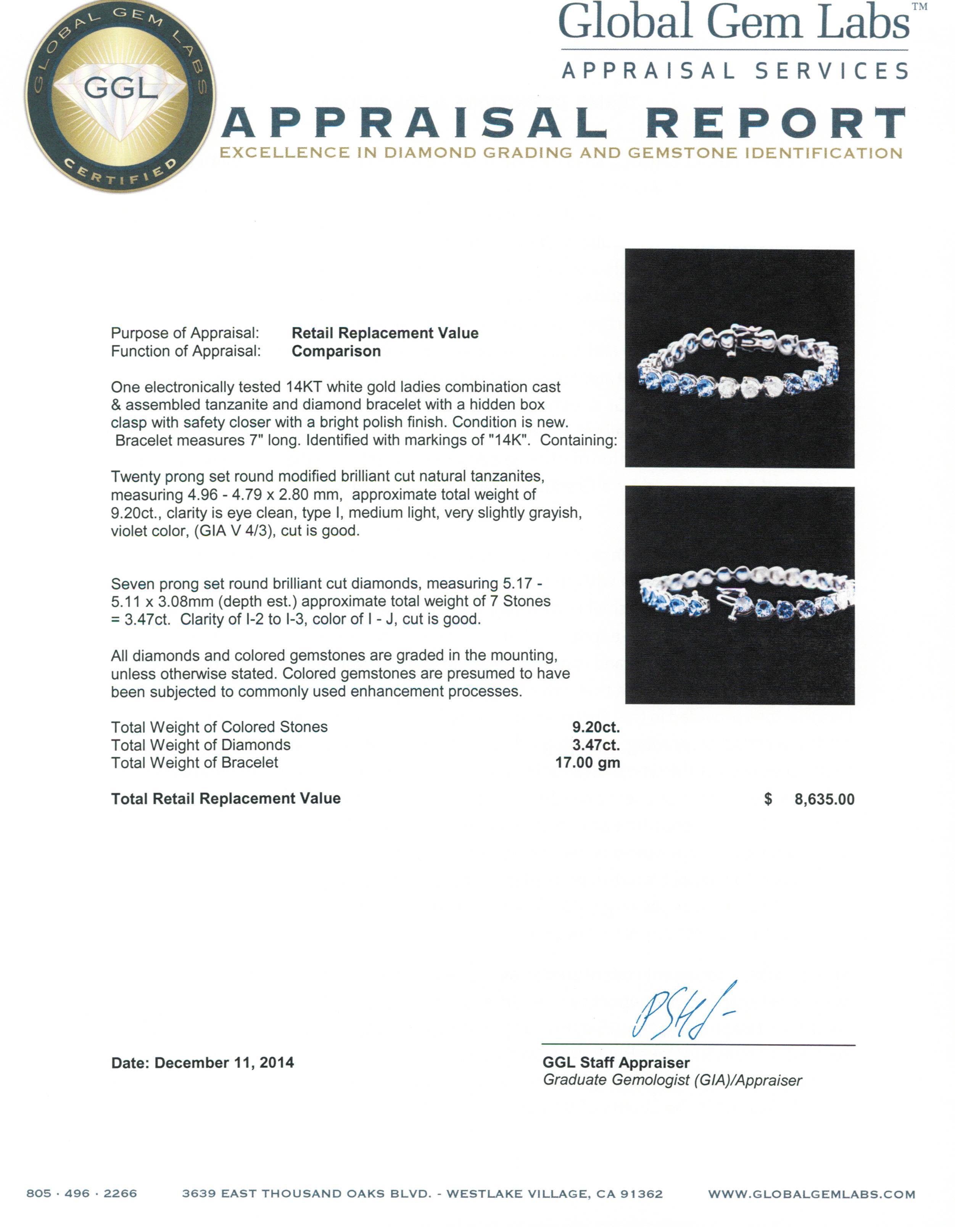 14KT White Gold 9.20 ctw Tanzanite and Diamond Bracelet