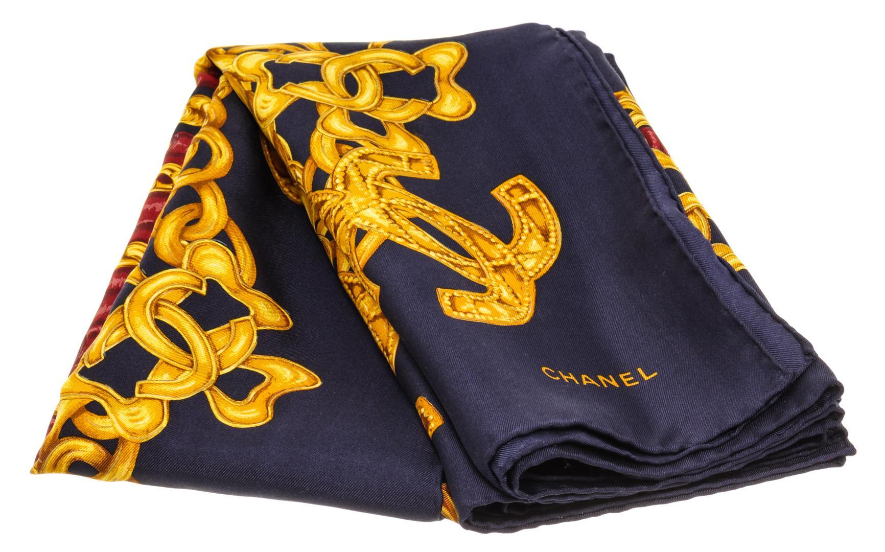 Chanel Gold Navy Silk Chain Scarf