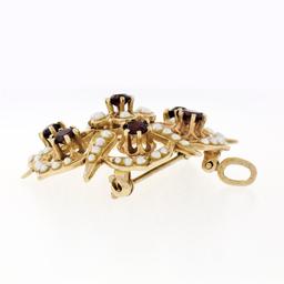 Antique Victorian 14k Gold 1.50 ctw Garnet & Pearl Open Round Brooch Pin Pendant
