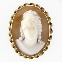 Vintage 14k Gold Unique Domed 3D Carved Shell Cameo Twisted Wire Brooch Pendant