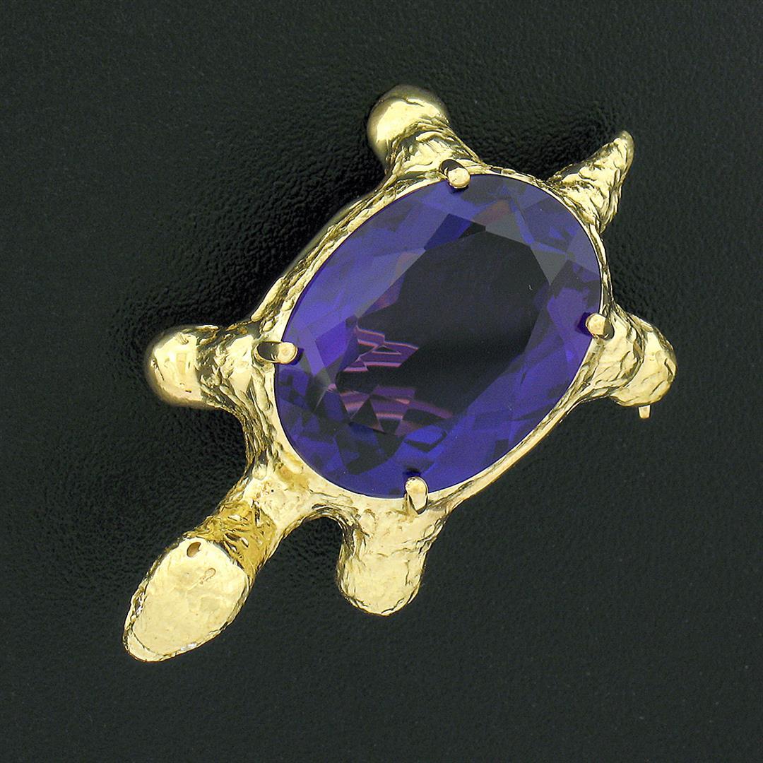 Vintage 14k Yellow Gold 11 ctw Oval Amethyst Diamond Turtle Tortoise Pin Brooch