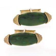 Vintage 14k Yellow Gold Long Marquise Shaped Jade Rope Pattern Swivel Cuff Links
