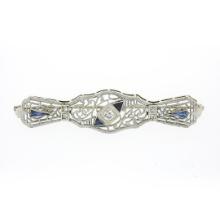 Antique Art Deco 14k Gold Diamond & Sapphire Milgrain Filigree Bar Pin Brooch