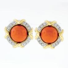 Tiffany & Co. 1985 18k Yellow Gold & Platinum GIA Coral & Diamond Button Earring