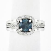 Fredric Sage 18k White Gold Round Sapphire Solitaire Pave Diamond Halo Band Ring