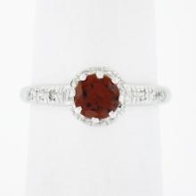 Vintage 18k White Gold.93 ctw Round Prong Garnet Solitaire & Diamond Accents Rin