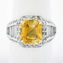 Vintage 18K White Gold 6.95 ctw GIA Orangy Yellow Sapphire & Diamond Cocktail Ri
