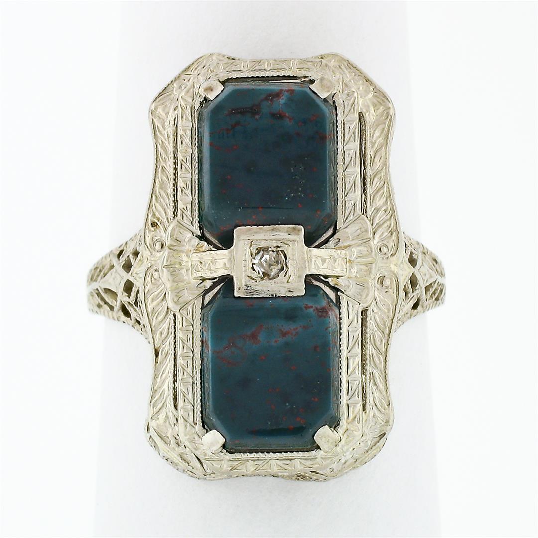Antique Art Deco 14k White Gold Dual Bloodstone & Diamond Etched Filigree Ring