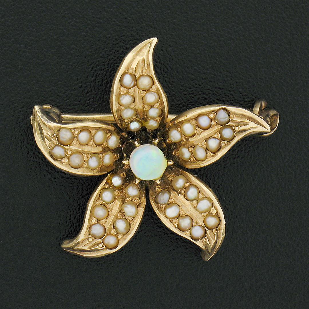 Antique Victorian 14k Gold Opal Seed Pearl Covered Lily Flower Cute Pin Brooch
