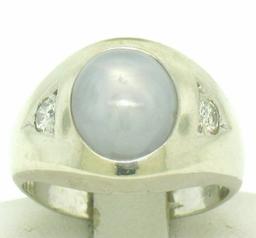 Men's Vintage 14k White Gold 7.24 ctw Oval Gray Star Sapphire Round Diamond Ring