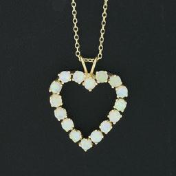 Vintage 14K Yellow Gold Round Cabochon Prong Opal Open Heart Pendant Necklace