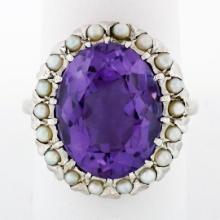 Vintage 14k White Gold Large 10.28 ctw Oval Amethyst Solitaire Ring w/ Pearl Hal